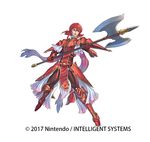  armor axe fire_emblem fire_emblem:_monshou_no_nazo fire_emblem_heroes full_body gloves headband izuka_daisuke minerva_(fire_emblem) official_art open_mouth red_armor red_eyes red_hair short_hair simple_background solo weapon 