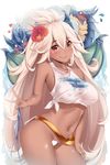  ahoge arched_back artist_name belt bikini_bottom_removed blush bottomless breasts censored closed_mouth contrapposto cowboy_shot dark_skin dragon eyebrows_visible_through_hair flower flying_sweatdrops granblue_fantasy hair_between_eyes hair_flaps hair_flower hair_ornament hand_on_own_thigh heart heart_censor highres impossible_clothes impossible_shirt kanachirou large_breasts light_brown_hair long_hair looking_at_viewer navel o_o red_eyes shirt smile solo standing taut_clothes taut_shirt tied_shirt twitter_username v very_long_hair zooey_(granblue_fantasy) 
