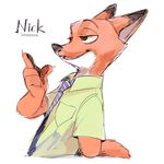  2016 anthro canine claws clothed clothing colored_sketch dipstick_ears disney fox fur green_eyes green_shirt half-closed_eyes hand_behind_back male mammal muco_(artist) necktie nick_wilde open_mouth open_smile orange_fur raised_index_finger red_fox simple_background smile white_background zootopia 