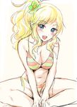  bangs bikini blonde_hair blue_eyes blush breasts commentary_request flower hair_flower hair_ornament hands_on_own_legs highres idolmaster idolmaster_cinderella_girls indian_style long_hair looking_at_viewer medium_breasts navel oimo ootsuki_yui open_mouth sidelocks sitting sketch smile solo striped striped_bikini swept_bangs swimsuit thighs wavy_hair 