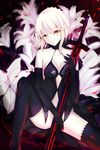  artoria_pendragon_(all) black_gloves black_legwear black_ribbon bottomless breasts choker cleavage collarbone dark_excalibur elbow_gloves eyebrows_visible_through_hair fate/hollow_ataraxia fate_(series) fyy_(fyy8494) gloves hair_between_eyes hair_ribbon head_tilt holding holding_sword holding_weapon looking_at_viewer medium_breasts no_panties ribbon saber_alter short_hair sideboob silver_hair sitting solo sword thighhighs weapon white_gloves yellow_eyes 