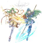  armor belt blue_eyes boots breastplate cape detached_sleeves elincia_ridell_crimea fire_emblem fire_emblem:_akatsuki_no_megami fire_emblem:_souen_no_kiseki fire_emblem_heroes full_body gloves green_eyes green_hair headband helmet krazehkai long_hair looking_at_viewer multiple_girls nephenee polearm shield sidelocks skirt spear thigh_boots thighhighs weapon white_background zettai_ryouiki 