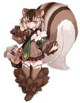  :3 absurdres animal_ears bag bare_shoulders blush brown_dress brown_hair closed_mouth dress enty_reward eyebrows_visible_through_hair fluffy full_body fur gradient_hair green_eyes hair_between_eyes highres kenkou_cross large_tail looking_at_viewer monster_girl monster_girl_encyclopedia multicolored_hair official_art outstretched_arm paid_reward paws petite puffy_sleeves ratatoskr_(monster_girl_encyclopedia) scroll short_hair simple_background smile solo squirrel_ears squirrel_tail streaked_hair striped_tail tail white_background white_hair 