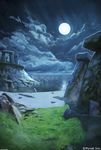  arsenixc beach cloud cloudy_sky comic commentary full_moon grass highres horizon monolith_(object) moon night night_sky no_humans ocean outdoors pillar reflection rock ruins sand scenery shadow shore sky stone water_surface watermark 