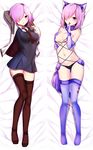  alternate_legwear animal_ears arm_behind_head bed_sheet black_dress black_legwear black_panties blue_legwear blush breast_grab breasts cleavage dakimakura dangerous_beast dress fate/grand_order fate_(series) from_above full_body grabbing hair_over_one_eye jacket khibiki looking_at_viewer lying mash_kyrielight medium_breasts multiple_views navel necktie no_shoes on_back open_clothes open_jacket open_mouth panties pink_hair pleated_dress purple_eyes red_neckwear short_dress short_hair short_necktie tail thighhighs underwear wolf_ears wolf_tail zettai_ryouiki 