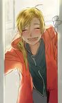  alphonse_elric androgynous black_shirt blonde_hair blush closed_eyes coat conqueror_of_shambala door fullmetal_alchemist gloves grey_background happy long_hair male_focus noako open_mouth ponytail rain red_coat shirt simple_background smile solo sunlight wet wet_clothes wet_hair 