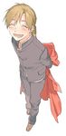  alphonse_elric androgynous arms_behind_back black_shirt blush closed_eyes coat conqueror_of_shambala fullmetal_alchemist happy long_hair male_focus noako open_mouth pants red_coat shirt shoes simple_background smile solo white_background 