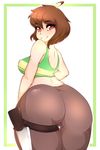  1girl ass bare_shoulders breasts brown_hair chara_(undertale) erect_nipples female huge_ass knife looking_at_viewer looking_back medium_breasts red_eyes short_hair sideboob simple_background smile solo thick_thighs undertale wide_hips 