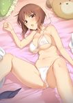  :o bangs bare_arms bare_legs bare_shoulders bed bed_sheet bikini blush boko_(girls_und_panzer) breasts brown_eyes brown_hair cleavage collarbone commentary_request covered_nipples eyebrows_visible_through_hair from_above front-tie_bikini front-tie_top girls_und_panzer halterneck highres ikomochi large_breasts legs_apart legs_up looking_at_viewer looking_up lying navel nishizumi_miho on_back on_bed open_mouth partially_visible_vulva pillow ribbon shiny shiny_skin short_hair solo stomach swimsuit tareme underboob untied untied_bikini white_bikini white_ribbon 
