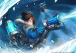  beam cold commentary frozen fur_coat hair_ornament hairpin ice_gun lutherniel mei_(overwatch) one_eye_closed overwatch robot snowball_(overwatch) 