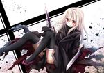  black_gloves black_legwear cosplay dual_wielding fate/apocrypha fate/stay_night fate_(series) fingerless_gloves floating_hair full_body gloves hair_between_eyes highres holding holding_knife holding_weapon illyasviel_von_einzbern jack_the_ripper_(fate/apocrypha) jack_the_ripper_(fate/apocrypha)_(cosplay) knife long_hair looking_at_viewer red_eyes silver_hair smile solo thighhighs utatanecocoa weapon 