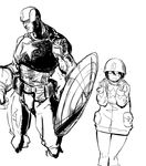  captain_america cosplay greyscale helmet highres kotoyama marvel monochrome no_pants shield short_hair solo 