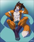  2017 4_toes 5_fingers abs anthro athletic blue_background blue_eyes boxer_breifs brown_fur brown_hair brown_nose bulge canine clothing feralise fox fur gloves_(marking) hair hand_on_head looking_aside male mammal markings multicolored_fur orange_fur simple_background sitting smile socks_(marking) solo tight_underwear toes two_tone_fur underwear white_fur 