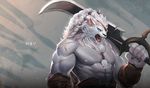  2017 abs angry anthro armband belt biceps big_hands big_muscles blue_eyes claws clothed clothing digital_media_(artwork) ear_piercing eye_patch eyewear fangs fighting_stance fist fur grey_background grey_claws grey_nose half-length_portrait holding_object holding_weapon huge_muscles league_of_legends male melee_weapon muscular neilos89 nipples open_mouth pecs piercing portrait rengar_(lol) riot_games scar sharp_teeth simple_background solo standing sword teeth tongue topless video_games wallpaper weapon white_fur 