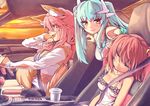  ahoge animal_ear_fluff animal_ears aqua_hair between_breasts blush breasts car car_interior cleavage coffee_cup collarbone cup disposable_cup driving fang fate/grand_order fate_(series) fox_ears fox_tail fujimaru_ritsuka_(female) green_hair ground_vehicle hair_ornament hair_over_one_eye hair_scrunchie highres horns kiyohime_(fate/grand_order) large_breasts long_hair looking_at_viewer motor_vehicle multiple_girls open_mouth orange_hair pink_hair scrunchie short_hair side_ponytail sleeping smile tail tamamo_(fate)_(all) tamamo_no_mae_(fate) toyota_86 twilight wisespeak yellow_eyes 