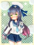  :o bangs beret black_hair blue_bow blue_neckwear blue_skirt blush bow collarbone commentary_request contrapposto cowboy_shot crescent_moon eyebrows_visible_through_hair gloves gradient_hair green_eyes hair_bow hand_up hat homare0608 juliet_sleeves kantai_collection long_hair long_sleeves looking_at_viewer matsuwa_(kantai_collection) moon multicolored_hair necktie parted_lips pleated_skirt polka_dot polka_dot_background puffy_sleeves purple_hair school_uniform serafuku shirt skirt solo standing star starry_background tareme very_long_hair white_gloves white_hat white_shirt 