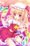  1girl :d ascot blonde_hair blush commentary_request crystal enjoy_mix fang fingernails flandre_scarlet frilled_shirt_collar frilled_skirt frilled_sleeves frills hands_up hat hat_ribbon leg_up long_hair looking_at_viewer midriff_peek mob_cap navel one_side_up open_mouth outline puffy_short_sleeves puffy_sleeves red_eyes red_ribbon red_skirt ribbon short_sleeves skirt skirt_set smile solo sparkle touhou w_arms wings wrist_cuffs yellow_neckwear 