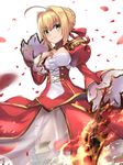  aestus_estus ahoge blonde_hair breasts cleavage closed_mouth epaulettes fate/extra fate_(series) fire green_eyes hair_ribbon highres looking_at_viewer medium_breasts nero_claudius_(fate) nero_claudius_(fate)_(all) petals red_ribbon renka_(renkas) ribbon short_hair simple_background smile solo sword weapon white_background wide_sleeves 