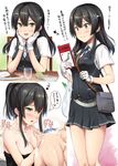  1girl :d admiral_(kantai_collection) alternate_hairstyle areola_slip areolae bag bangs black_hair black_skirt black_vest blue_neckwear blue_ribbon blush book breasts buttons chair cleavage clenched_teeth collarbone commentary_request cup curry directional_arrow drinking_glass eating food gloves green_eyes hair_between_eyes hair_ornament hairclip hands_on_own_cheeks hands_on_own_face heart holding holding_book ichikawa_feesu japan kantai_collection long_hair looking_at_another looking_at_viewer map medium_breasts multiple_views naked_towel neck_ribbon open_mouth oyashio_(kantai_collection) plastic_bag pleated_skirt pocket ponytail ribbon school_uniform shiny shiny_hair shiny_skin shirt shopping_bag short_sleeves sidelocks sitting skirt smile sparkle squiggle striped striped_skirt table teeth thought_bubble tied_hair towel upper_body vegetable vest washing_back white_gloves white_shirt wine_glass 