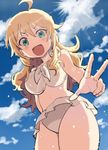 ahoge ai_nige bikini blonde_hair blush breasts cloud cloudy_sky cowboy_shot day eyebrows_visible_through_hair frilled_bikini frills green_eyes highres hoshii_miki idolmaster idolmaster_(classic) large_breasts light_rays long_hair looking_at_viewer navel open_mouth outdoors sky smile solo sunbeam sunlight swimsuit thighs v 