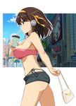  absurdres ass bag bandeau bangs bare_shoulders behind-the-head_headphones blue_sky breasts brown_eyes brown_hair cloud cup day drinking_straw hairband halterneck handbag haruhisky headphones highres large_breasts nipple_slip nipples orange_hairband panties road scan shop short_hair short_shorts shorts side-tie_panties sky solo street suzumiya_haruhi suzumiya_haruhi_no_yuuutsu tree unbuttoned underwear 