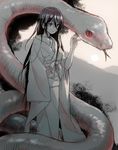  alternate_costume anetai_toyone backlighting black_hair commentary_request giant_snake hair_between_eyes hana-kagume japanese_clothes kimono long_hair monochrome mountain obi red_eyes saki sash snake solo spot_color very_long_hair white_kimono white_snake yamata_no_orochi 