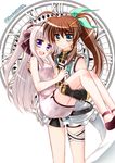  :d ahoge bike_shorts black_gloves black_shorts brown_hair carrying dress eyebrows_visible_through_hair fingerless_gloves fuuka_reventon gloves green_eyes green_ribbon hair_between_eyes hair_ribbon high_ponytail highres kohaku_(kohagura) long_hair looking_at_viewer lyrical_nanoha magical_girl multiple_girls open_mouth ponytail princess_carry purple_eyes ribbon rinne_berlinetta short_dress short_shorts shorts silver_hair simple_background sleeveless sleeveless_dress smile standing very_long_hair vivid_strike! white_background white_dress yuri 