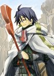  1boy blue_eyes blue_hair cloak glasses log_horizon shiroe solo staff 