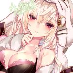  1girl black_bra blonde_hair blush bra breasts cleavage close-up closed_mouth crescent crescent_hair_ornament dated eyebrows_visible_through_hair face flower_knight_girl hair_ornament hood large_breasts long_hair looking_at_viewer oenothera_(flower_knight_girl) purple_eyes raised_eyebrows signature simple_background smile solo uehara_(higanbachi) underwear white_background 