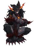  :d absurdres animal_ears bangs black black_hair black_sclera black_skin blush breasts collar crossed_bangs dog_ears dog_tail enty_reward full_body fur grin hair_between_eyes hellhound highres kenkou_cross large_breasts long_hair looking_at_viewer monster_girl monster_girl_encyclopedia navel nude official_art open_mouth paid_reward red_eyes simple_background skull smile solo squatting sweat tail white_background 