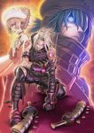  .hack//g.u. .hack//g.u._last_recode 1girl 2boys azure_kite belt blue_eyes dagger glowing glowing_eyes hair_over_one_eye haseo_(.hack//) hat kneeling looking_at_viewer multiple_boys official_art shino_(.hack//) short_hair spiked_hair tattoo torn_clothes weapon 