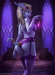  2017 big_butt blonde_hair bra breasts butt clothing crown draenei evulchibi female fishnet garter_belt garter_straps hair humanoid jewelry legwear nipples panties potion solo standing stockings tiara underwear vial video_games warcraft 