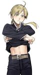  alphonse_elric androgynous belt black_shirt blonde_hair blush conqueror_of_shambala expressionless fullmetal_alchemist long_hair looking_at_viewer looking_away male_focus navel noako pants ponytail shirt simple_background solo stomach white_background yellow_eyes 