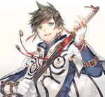  :d bead_bracelet beads belt_buckle bracelet brown_hair buckle earrings feather_earrings feathers fingerless_gloves gloves gradient gradient_background green_eyes hinahino holding holding_sword holding_weapon jacket jewelry long_sleeves looking_at_viewer male_focus open_mouth sheath single_fingerless_glove smile solo sorey_(tales) sword tales_of_(series) tales_of_zestiria teeth unsheathing upper_body weapon white_gloves 