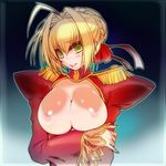  ahoge bow braid breasts breasts_outside crossed_arms epaulettes eyebrows_visible_through_hair eyelashes fate/extra fate_(series) gradient gradient_background green_eyes hair_bow hair_intakes hisahiko huge_breasts looking_at_viewer nero_claudius_(fate) nero_claudius_(fate)_(all) nipples no_bra parted_lips puffy_sleeves red_bow solo wide_sleeves 