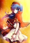  artist_name black_legwear blue_eyes blue_hair bracelet capelet cowboy_shot dress electricity eyebrows_visible_through_hair fire_emblem fire_emblem:_fuuin_no_tsurugi fire_emblem_heroes floating_hair hair_between_eyes highres jewelry lilina long_hair looking_at_viewer looking_back mintes pantyhose short_dress sketch smile solo standing white_dress 