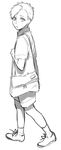  alphonse_elric androgynous backpack bag expressionless fullmetal_alchemist greyscale looking_at_viewer looking_back male_focus monochrome noako open_mouth shawl shirt shoes shorts socks solo walking 