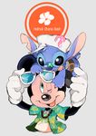  2017 4_fingers alien anthro belt black_claws black_eyes black_nose blue_fur blue_nose claws clothing disney duo experiment_(species) eyewear food fruit fur grey_background happy hat hawaiian_shirt head_tuft hibiscus jewelry lilo_and_stitch mammal mickey_mouse mouse muco_(artist) necklace notched_ear on_head one_eye_closed open_mouth open_smile paint_daub pineapple rodent round_ears shirt silly simple_background smile stitch sunglasses t-shirt teal_eyes text tongue tongue_out tuft white_gloves 
