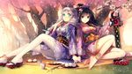  2girls aqua_eyes barefoot benghuai_xueyuan black_eyes black_hair breasts cherry_blossoms drink food gray_hair japanese_clothes kiana_kaslana kieta long_hair looking_at_viewer medium_breasts multiple_girls pantyhose petals raiden_mei silver_hair sitting smile tree weapon yukata 