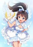  :d black_hair blue_bow blue_eyes blue_ribbon boots bow breasts cleavage dress feathered_wings floating_hair ganaha_hibiki gloves hair_bow hiiringu idolmaster idolmaster_(classic) long_hair looking_at_viewer medium_breasts open_mouth ponytail ribbon sleeveless sleeveless_dress smile solo very_long_hair white_footwear white_gloves white_wings wings 