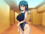  1girl bare_arms bare_legs bare_shoulders bijo_athlete_no_nikutai_shazai! blurry_background blush breasts clenched_teeth covered_navel cowboy_shot green_hair highres large_breasts legs mound_of_venus navel original parted_lips shiny shiny_hair shiny_skin short_hair sleeveless solo standing swimsuit thighs yellow_eyes yoko_juusuke 