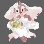  2013 4_fingers blush bouquet brown_fur chest_tuft chipmunk clarice clothing disney dress eyelashes female flower fur grey_background hand_on_chest hi_res looking_at_viewer mammal muco_(artist) open_mouth open_smile plant purple_eyes red_nose rodent simple_background smile solo tuft wedding_dress 