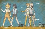  african_wild_dog_(kemono_friends) animal_ears anklet bangle bare_shoulders bear_ears bear_paw_hammer bike_shorts black_bow black_eyes black_gloves black_hair black_neckwear black_shorts black_skirt blonde_hair blue_background boots bow bowtie bracelet breasts brown_bear_(kemono_friends) brown_footwear circlet clenched_hand clenched_hands closed_mouth collared_shirt commentary_request crack dog_ears dog_tail egyptian_art elbow_gloves fingerless_gloves from_side full_body gloves golden_snub-nosed_monkey_(kemono_friends) high-waist_skirt high_ponytail highres holding holding_staff holding_weapon jewelry kemono_friends kita_(7kita) legs_apart leotard long_hair long_sleeves lucky_beast_(kemono_friends) medium_breasts microskirt monkey_ears monkey_tail multicolored_hair multiple_girls orange_footwear pantyhose pleated_skirt profile serval_(kemono_friends) serval_ears serval_print serval_tail shirt shoes short_hair short_sleeves shorts skirt sleeveless sleeveless_shirt staff standing striped_tail tail thighhighs two-tone_hair weapon white_footwear white_hair white_shirt wing_collar yellow_gloves yellow_legwear 