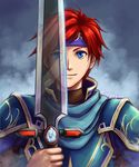  armor blue_eyes cape cosplay durandal_(fire_emblem) eliwood_(fire_emblem) eliwood_(fire_emblem)_(cosplay) fire_emblem fire_emblem:_fuuin_no_tsurugi fire_emblem:_rekka_no_ken fire_emblem_heroes headband holding holding_weapon looking_at_viewer male_focus multiple_boys red_hair roy_(fire_emblem) short_hair smile sword weapon 