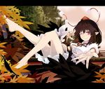  ;) autumn_leaves bangs bare_legs black_skirt black_wings blurry blurry_background blush breasts brown_hair closed_mouth commentary_request day foreshortening frilled_skirt frills futatsuki_eru geta hat legs_up letterboxed looking_at_viewer lying medium_breasts on_back one_eye_closed outdoors outstretched_arm pink_sky plantar_flexion pointy_ears pom_pom_(clothes) puffy_short_sleeves puffy_sleeves reaching_out red_eyes red_hat red_ribbon ribbon shameimaru_aya shirt shoe_dangle short_hair short_sleeves skirt sky smile solo tokin_hat touhou tree white_shirt wings 