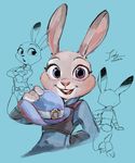  2016 anthro blue_background bowler_hat clothed clothing crossed_arms crossed_legs digital_media_(artwork) digital_painting_(artwork) dipstick_ears disney eyelashes female fur grey_fur hat hi_res holding_object judy_hopps lagomorph leaning looking_at_viewer mammal muco_(artist) open_mouth open_smile pink_nose police_uniform purple_eyes rabbit simple_background small_tail smile solo uniform zootopia 