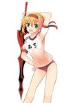  :d aestus_estus alternate_costume blonde_hair blush breasts buruma commentary_request contrapposto cowboy_shot fate/grand_order fate_(series) green_eyes gym_uniform hand_on_hip headband holding holding_sword holding_weapon looking_at_viewer mieharu name_tag nero_claudius_(fate) nero_claudius_(fate)_(all) olympian_bloomers open_mouth puffy_short_sleeves puffy_sleeves short_hair short_sleeves small_breasts smile solo standing sword weapon 