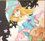  1girl bare_shoulders blonde_hair blush boots breasts collarbone creature dark_magician_girl duel_monster female green_eyes hair_between_eyes happy hat jyon104 kuriboh long_hair magical_girl smile wizard_hat yu-gi-oh! 