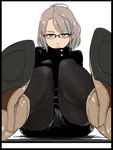  black black-framed_eyewear black_border black_legwear boots border brown_footwear expressionless glasses highres jacket kotoyama looking_at_viewer original over-rim_eyewear pantyhose pantyhose_under_shorts semi-rimless_eyewear short_hair shorts simple_background solo white_background 