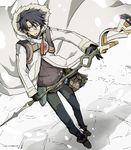  1boy blue_eyes blue_hair cloak glasses log_horizon shiroe snow solo staff 